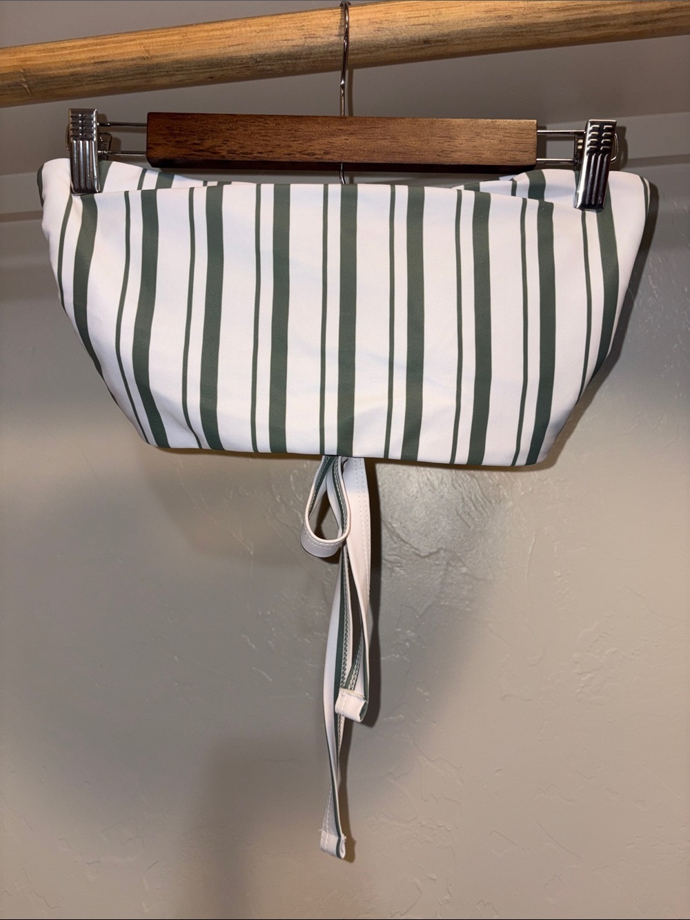 White and Olive Green Striped Bikini Bottom with Tie